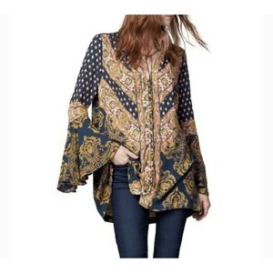 Free People Boho‎ Paisley Button & Tie Front V Neck Tunic Mini Dress Women's XS